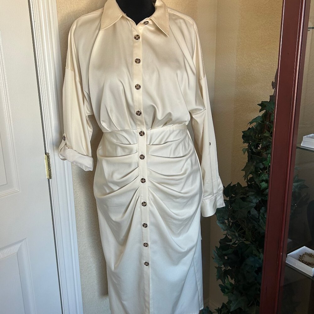 Antonio Melani Cream Ruched Button-Front Shirt Dress SIZE 10
